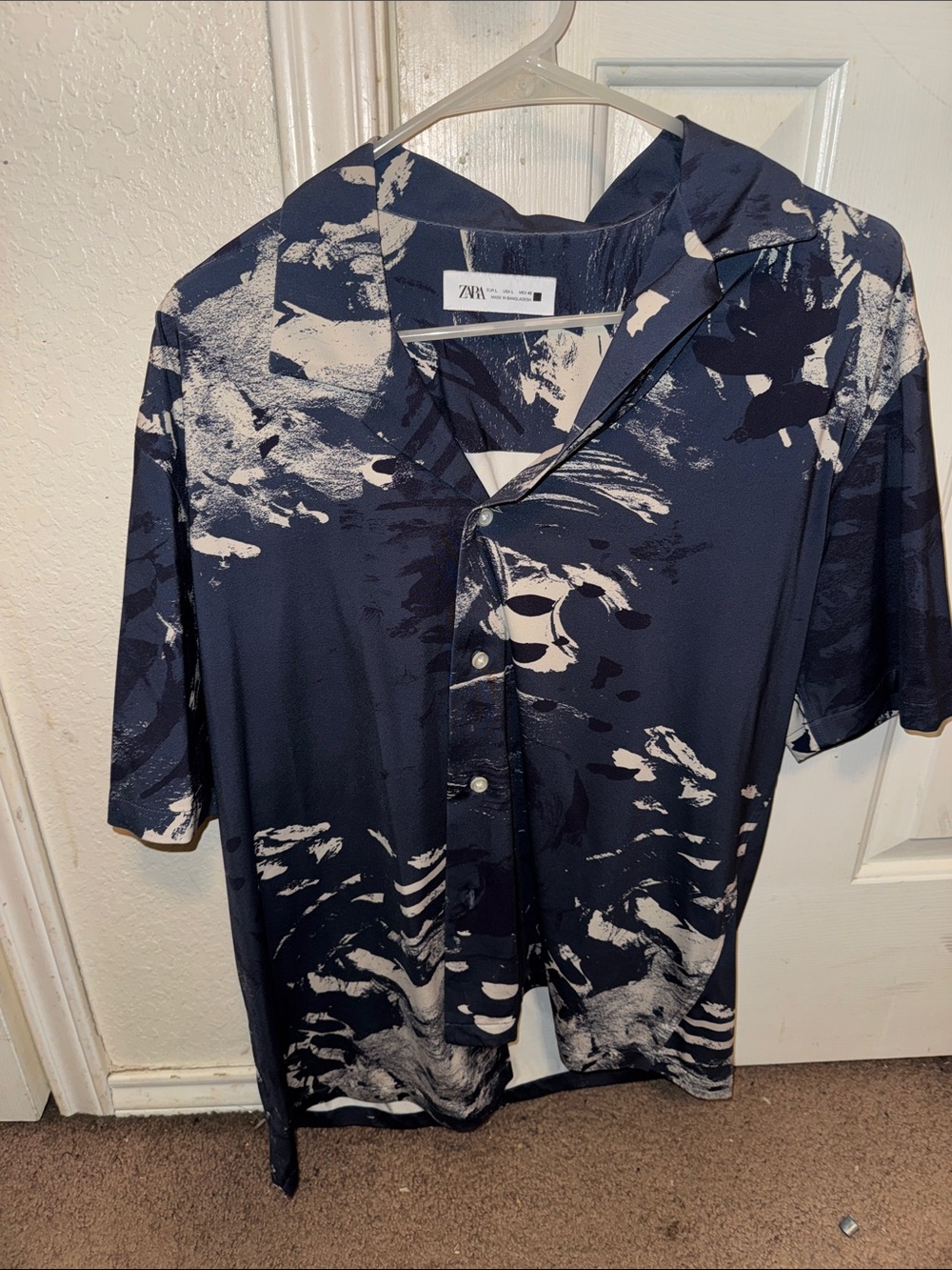 Zara Man Navy & White Abstract Short-Sleeve Shirt